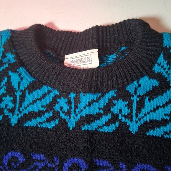 Vintage 90s Arielle Sweater Women XL Black Blue Green Geometric Floral Retro USA - Picture 5 of 8